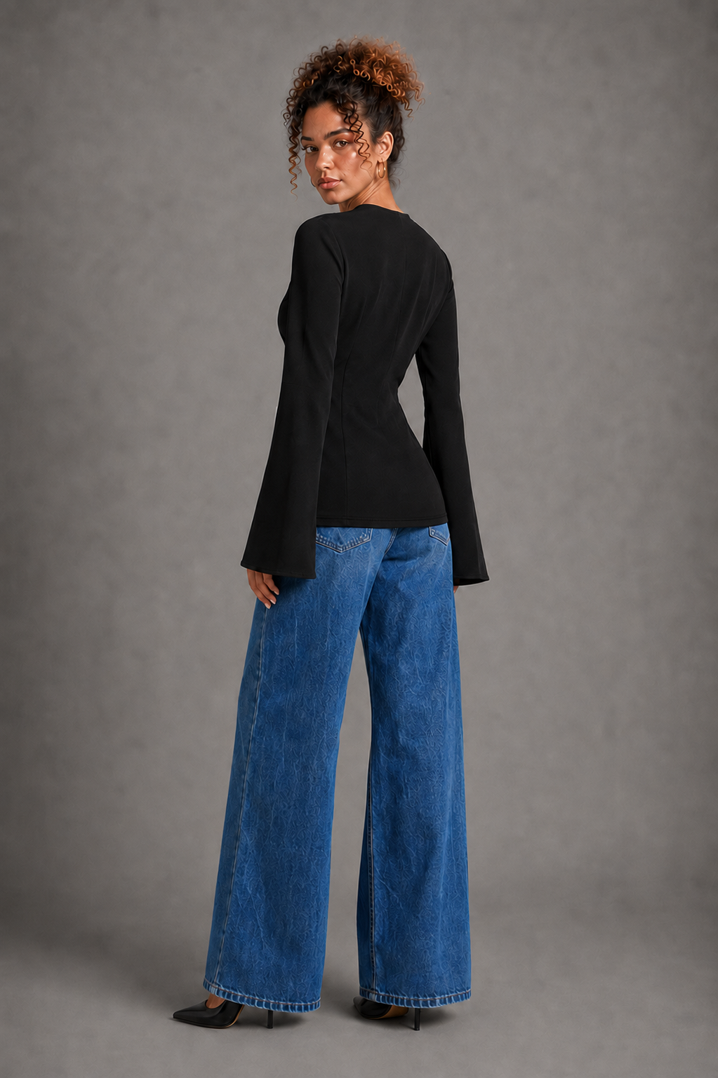 Athena Drape black top on Lisa - back view with straight hem