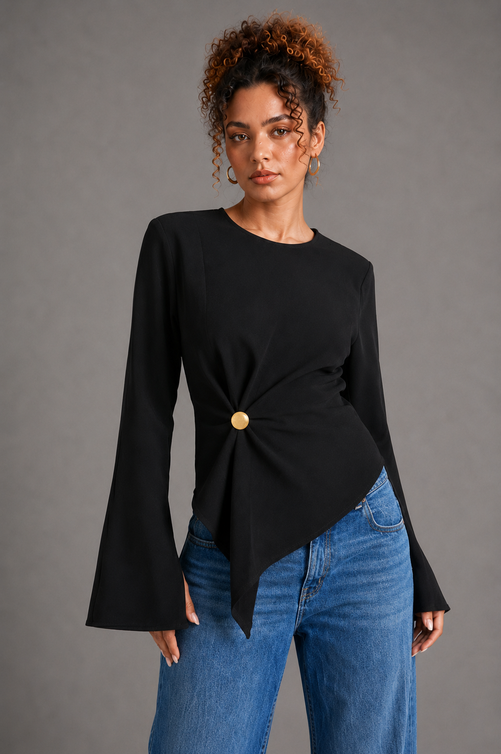 Athena Drape black top on Lisa - close-up