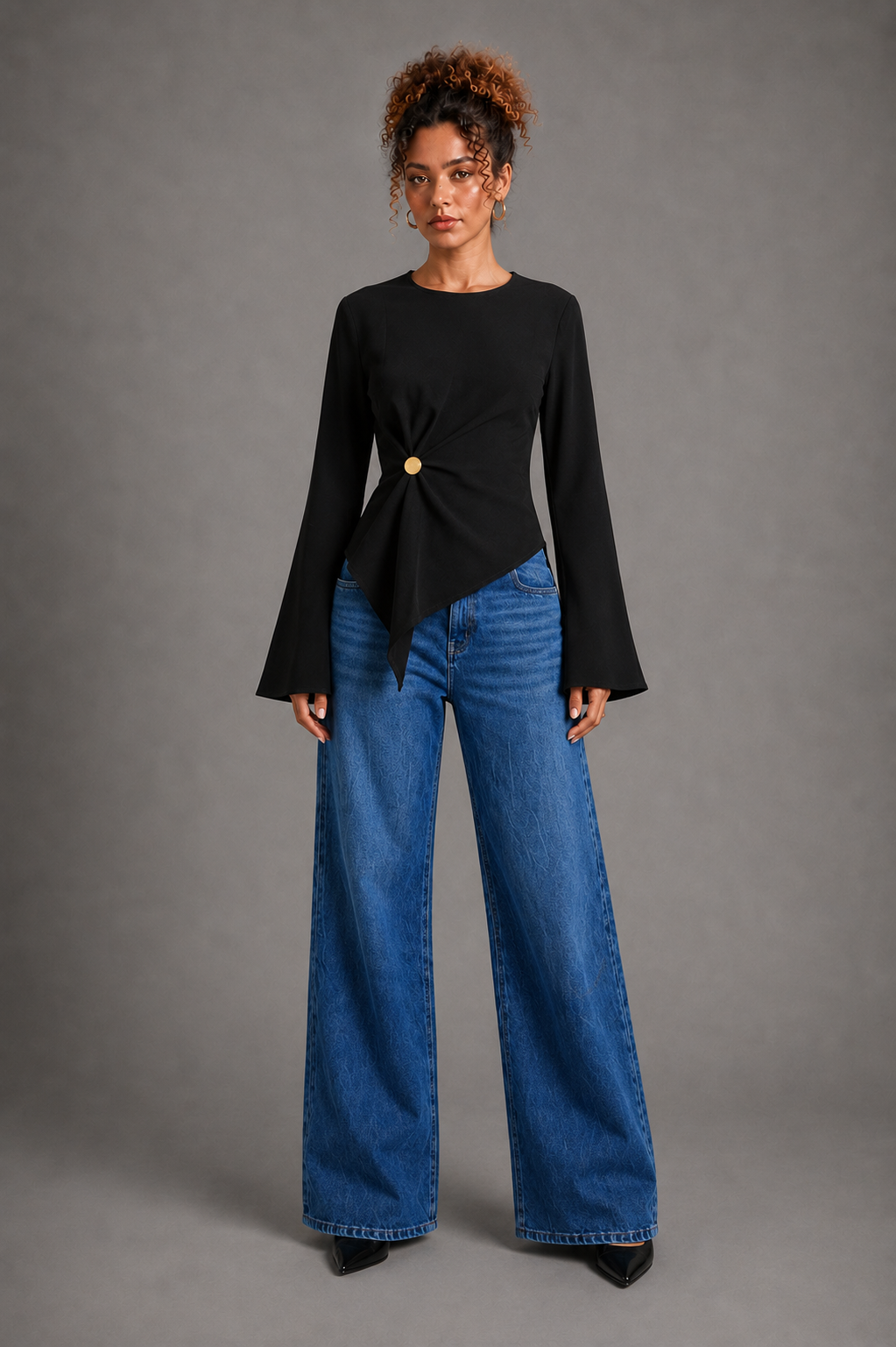 Athena Drape black top on Lisa - front view