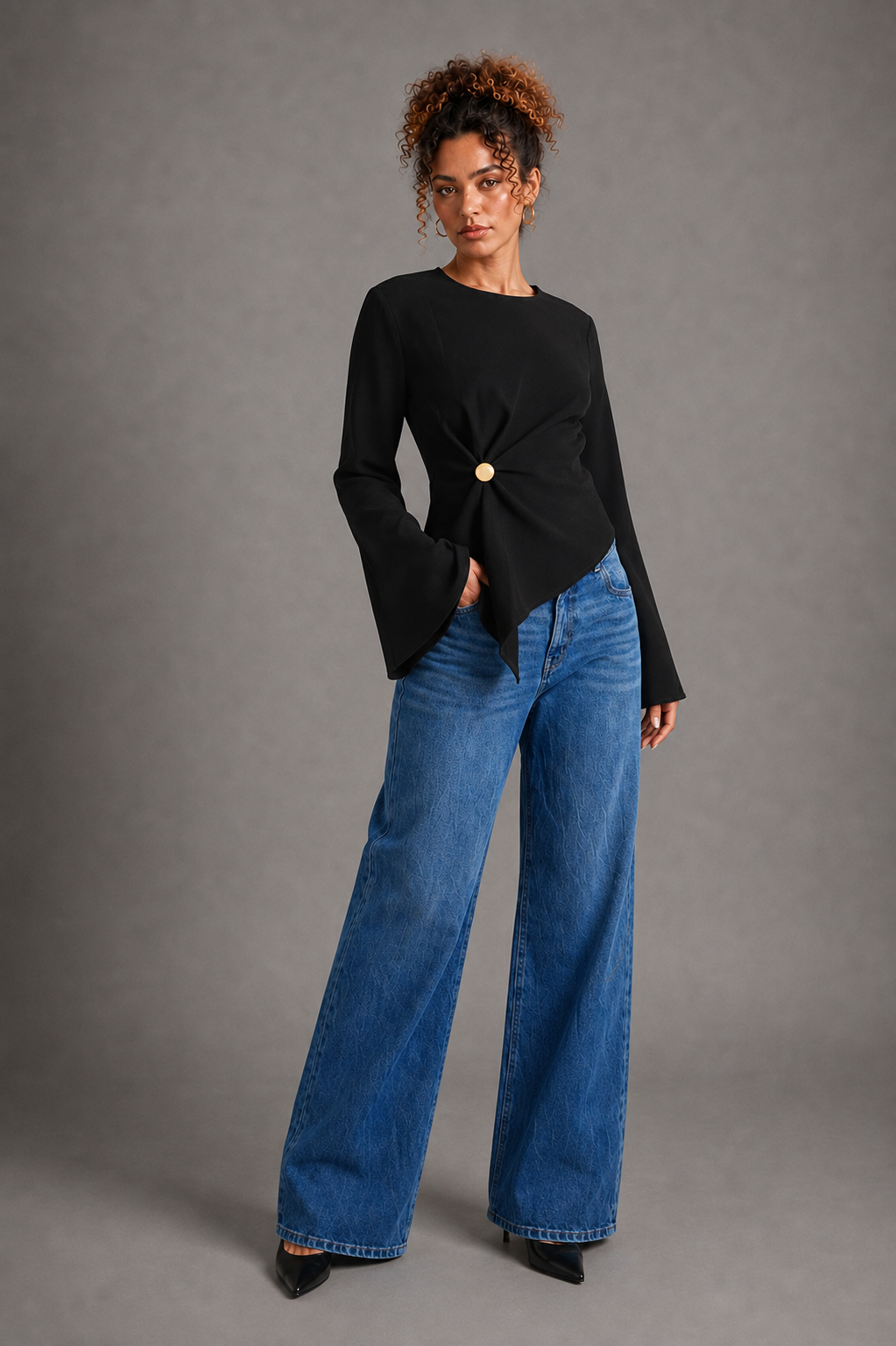 Athena Drape black top on Lisa - three-quarter view
