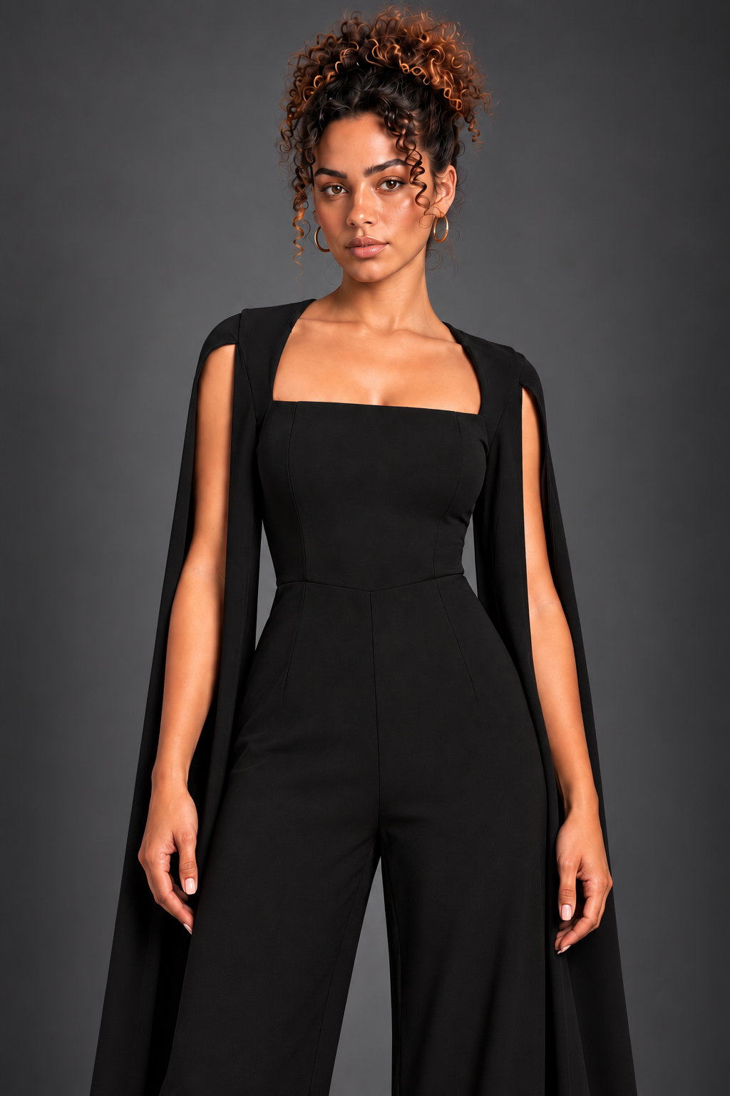 Capella black jumpsuit square neckline and fabric detail on Lisa