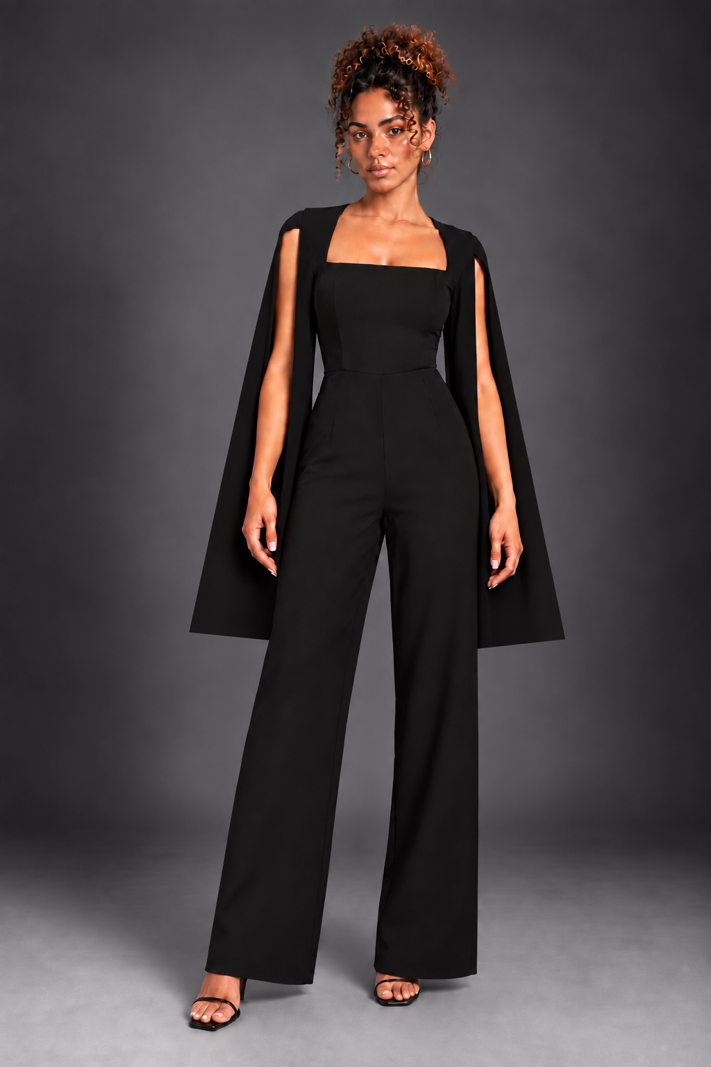 Capella front view on Lisa with straight leg trousers and straight cape hem