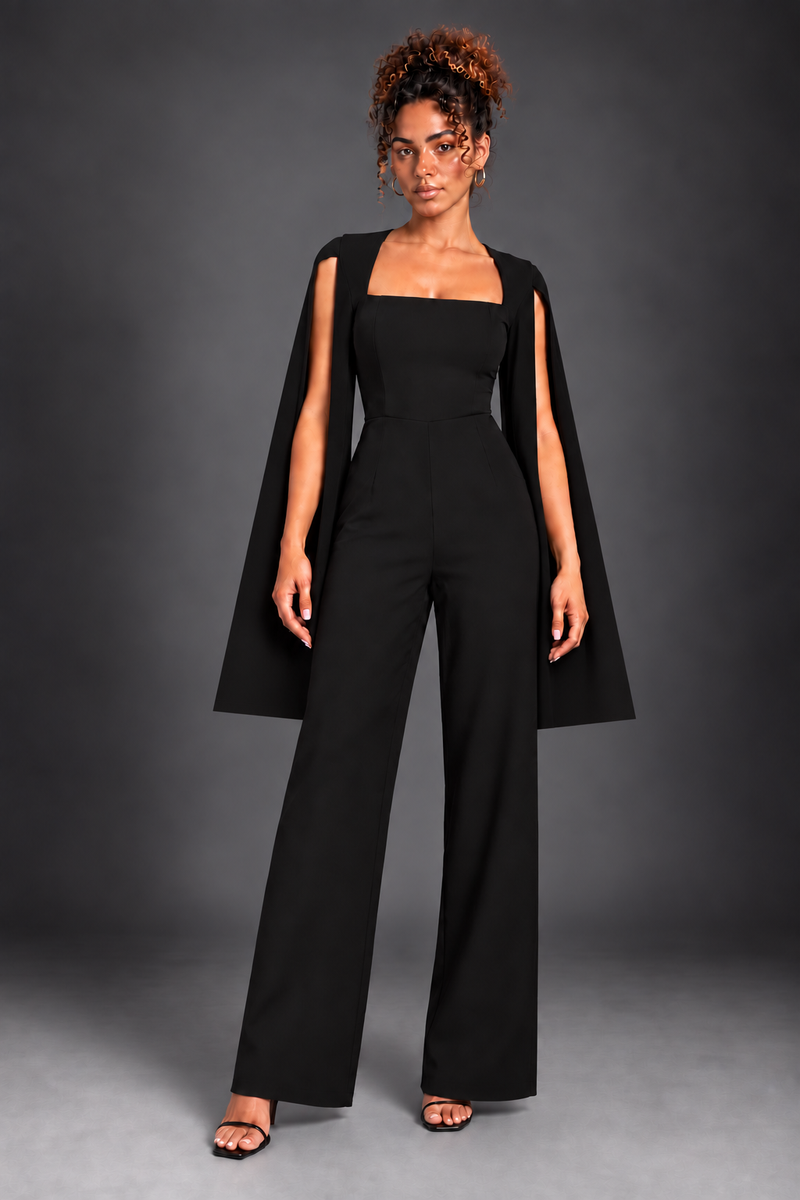 Capella front view on Lisa with straight leg trousers and straight cape hem