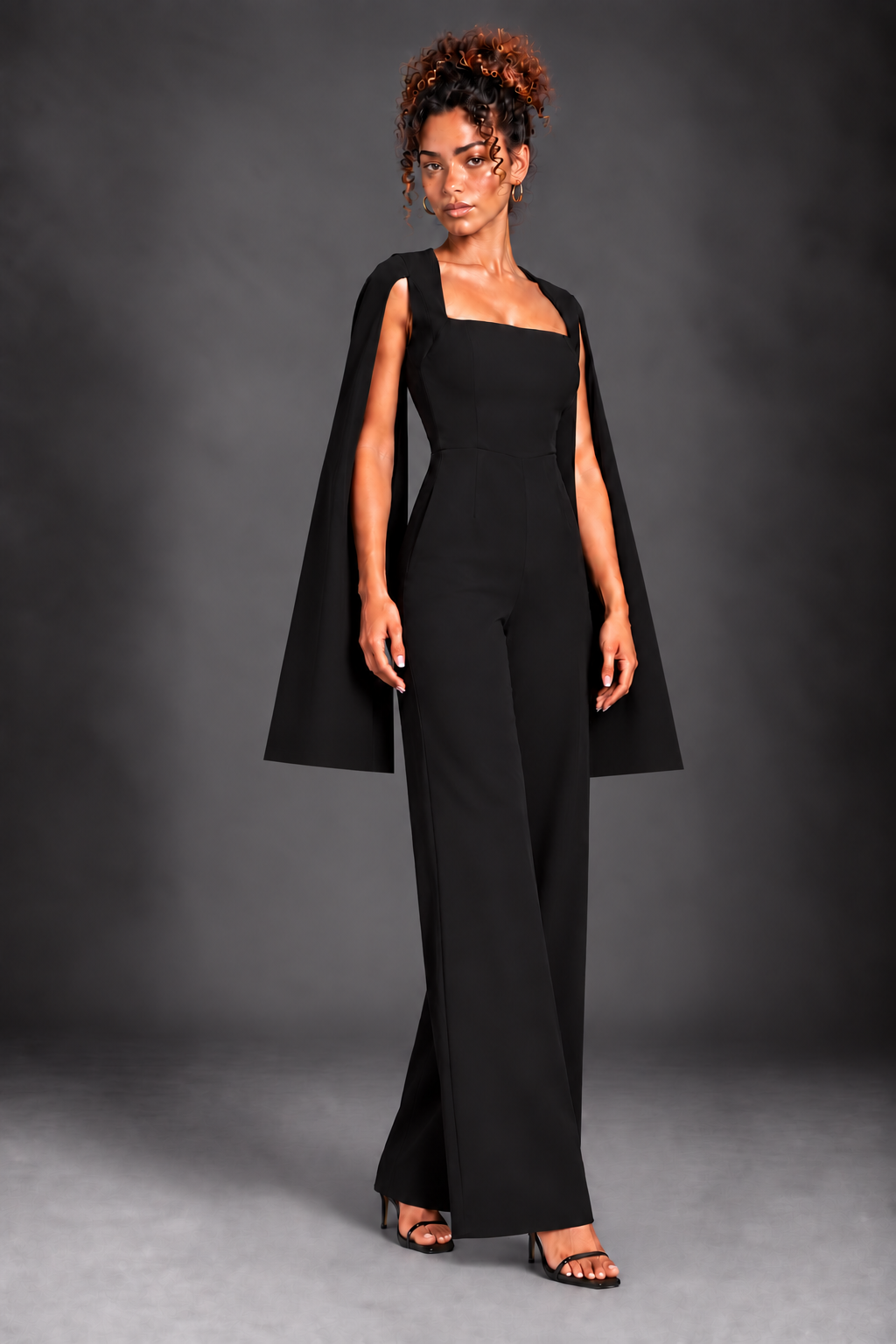 Capella three quarter pose on Lisa with straight leg trousers and straight cape hem