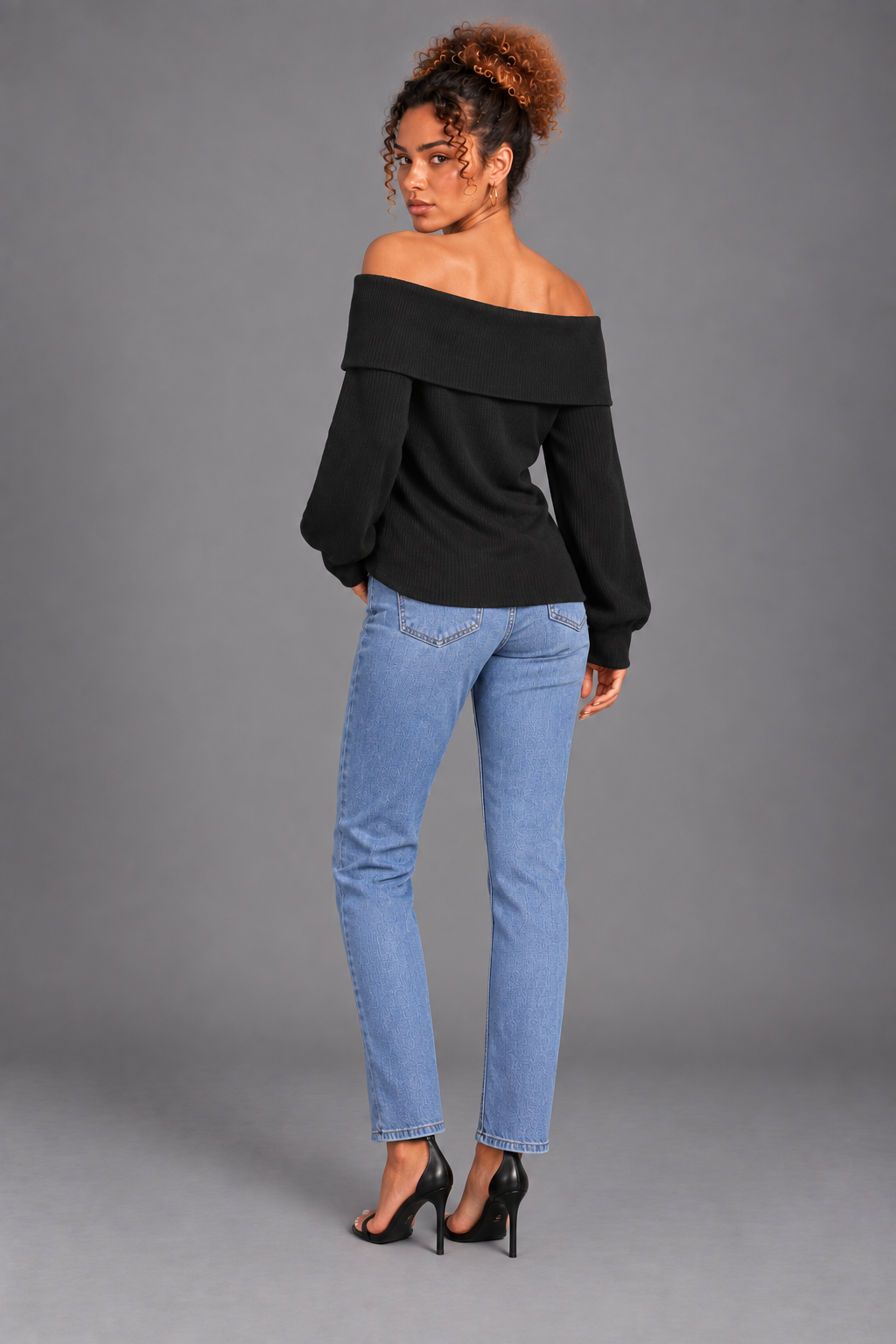 Eira black cotton ribbed off shoulder top on Lisa - back