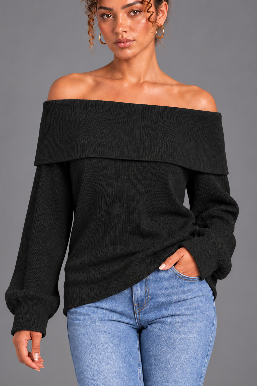 Eira black cotton ribbed off shoulder top on Lisa - detail