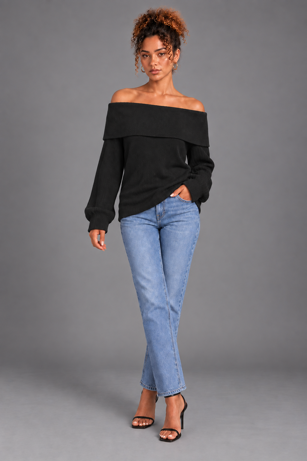 Eira black cotton ribbed off shoulder top on Lisa - front