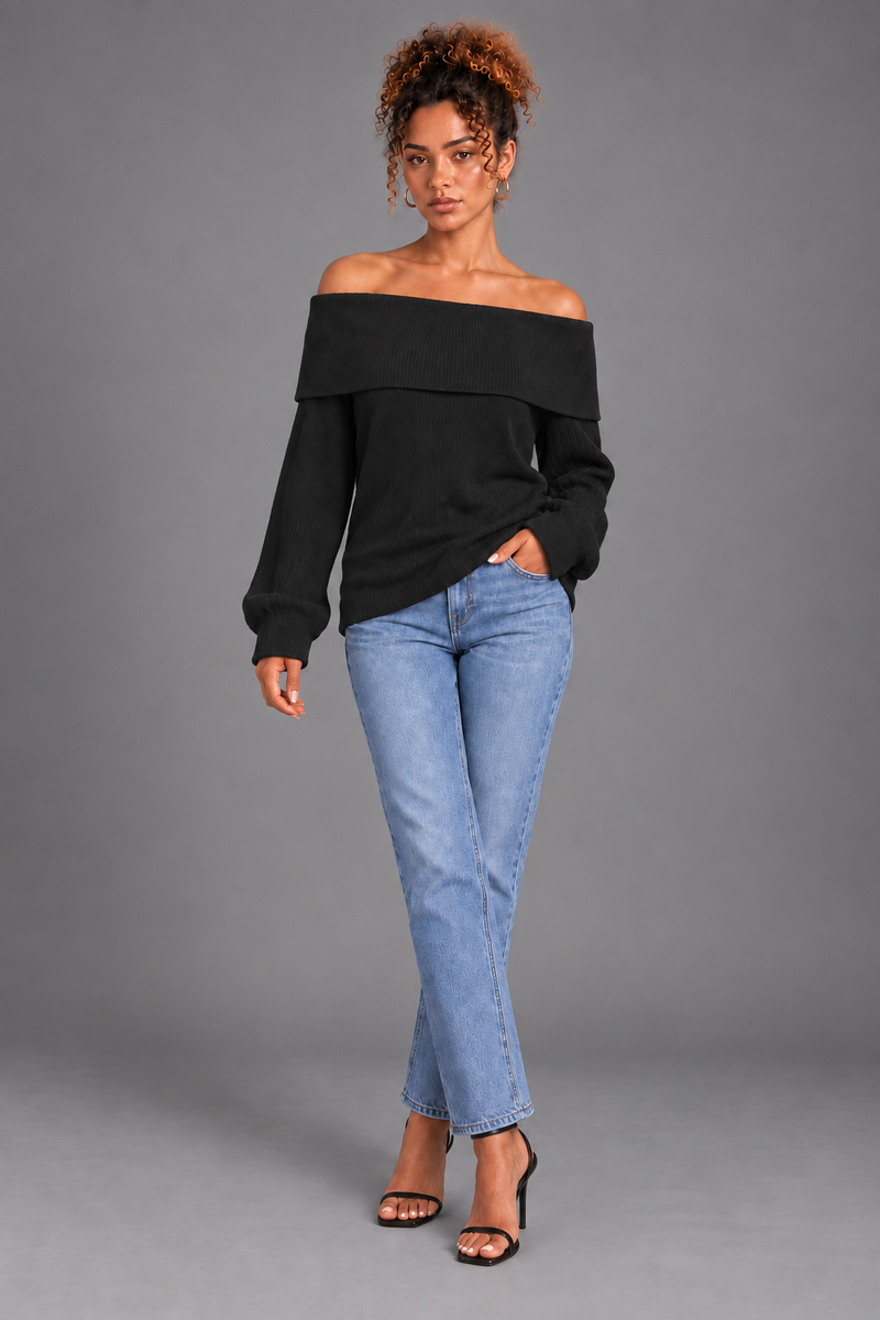 Eira black cotton ribbed off shoulder top on Lisa - front