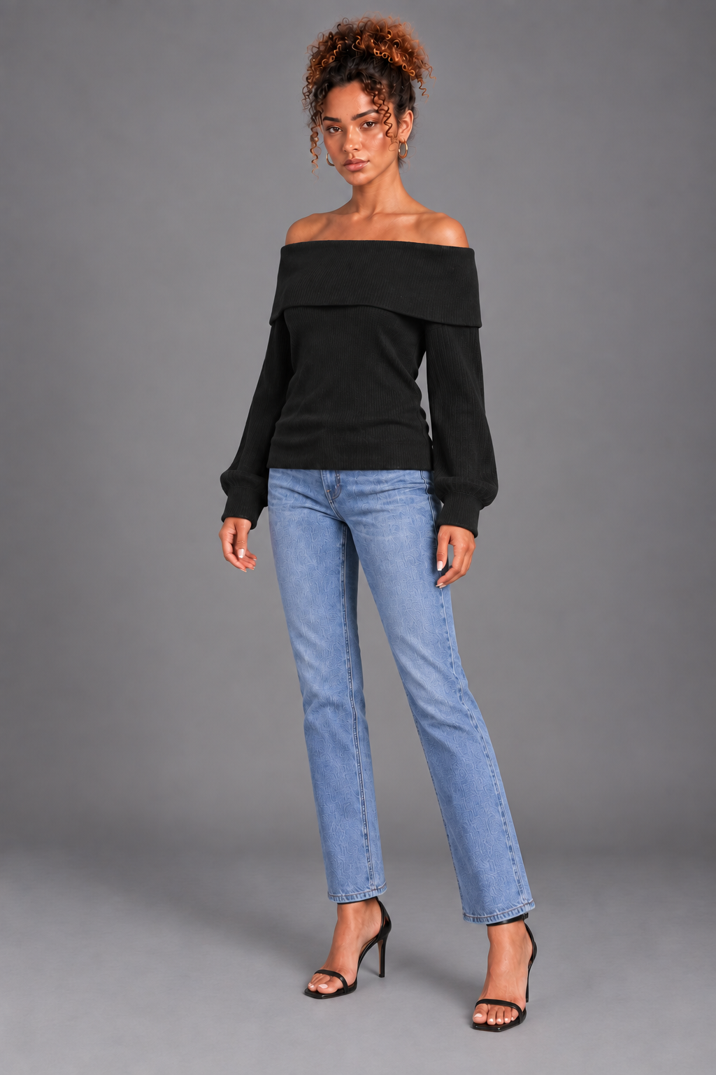 Eira black cotton ribbed off shoulder top on Lisa - pose