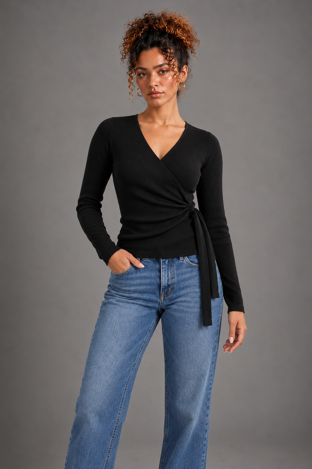 Elara black ribbed wrap top front