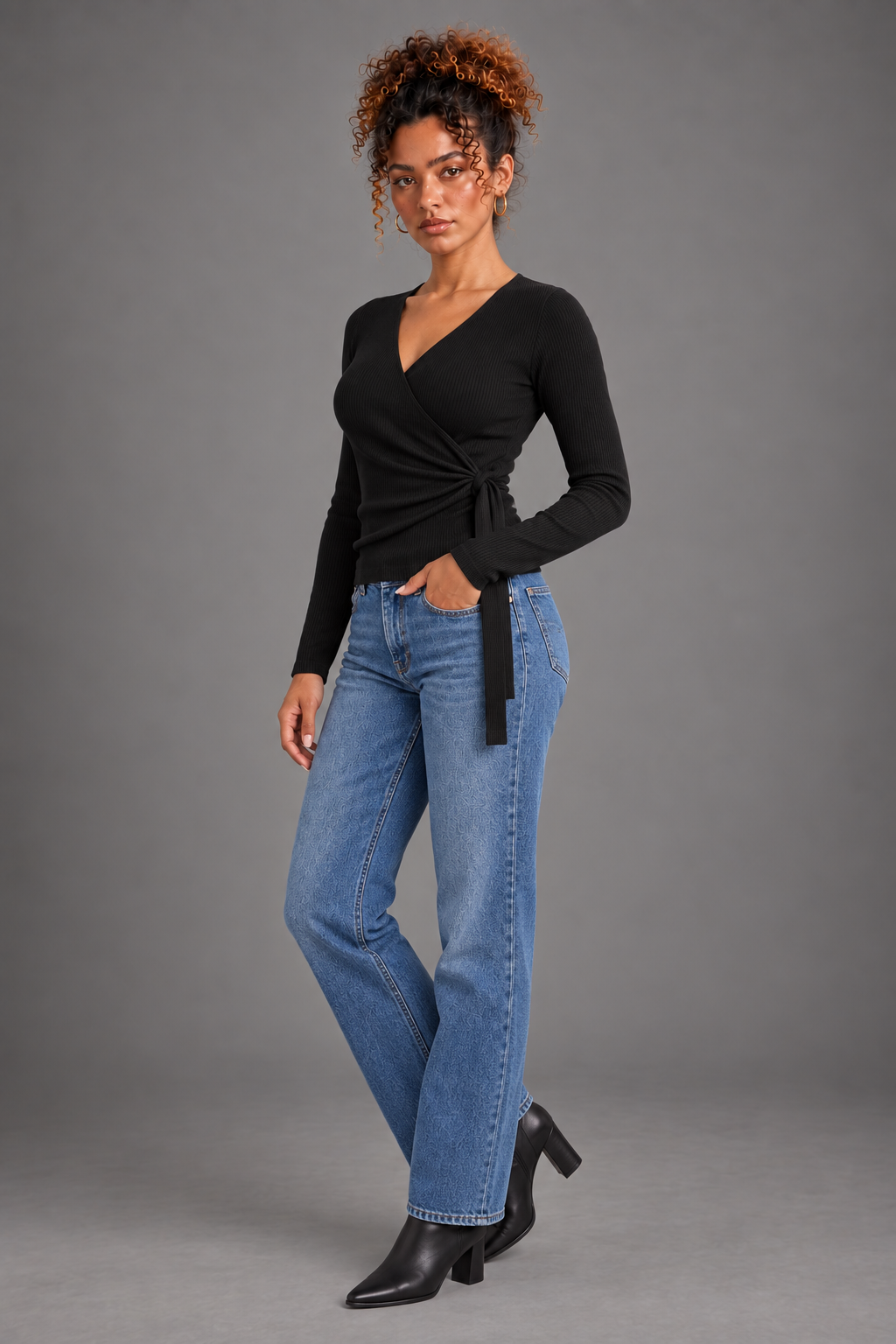 Elara black ribbed wrap top side