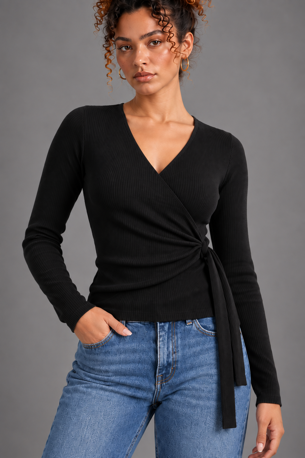 Elara black ribbed wrap top detail