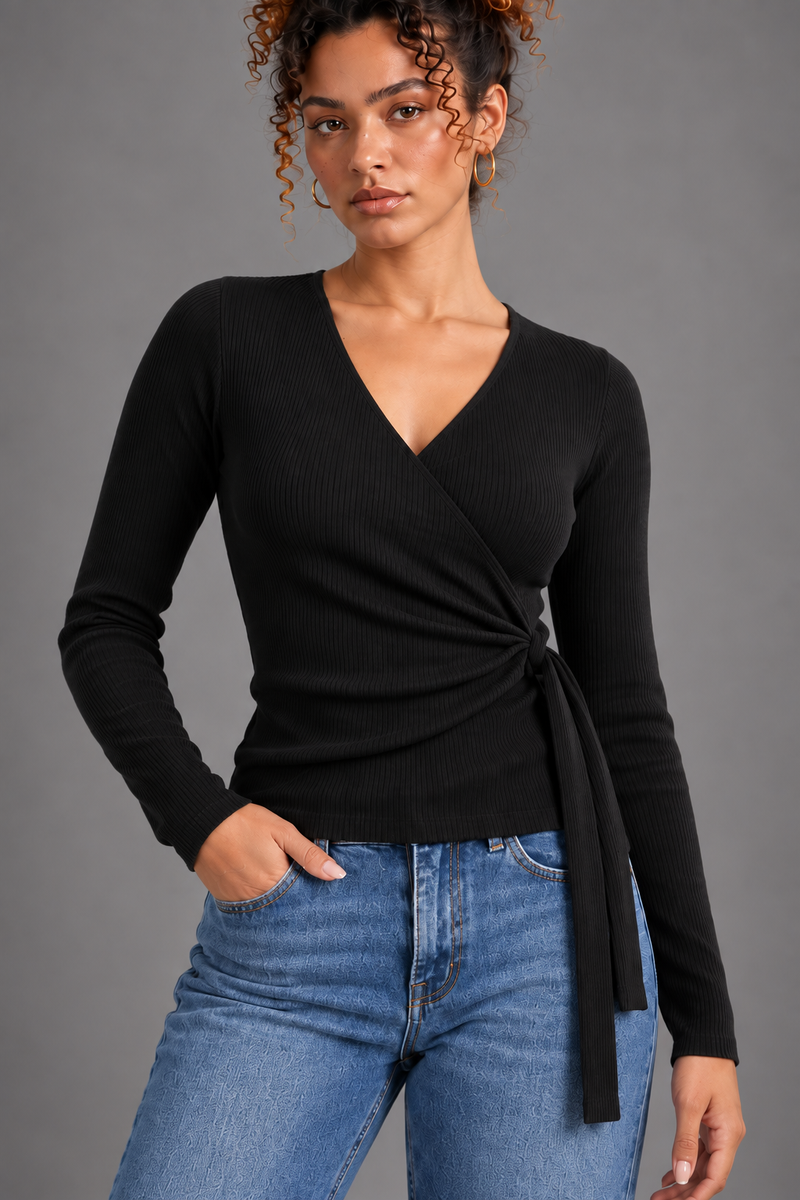 Elara black ribbed wrap top detail