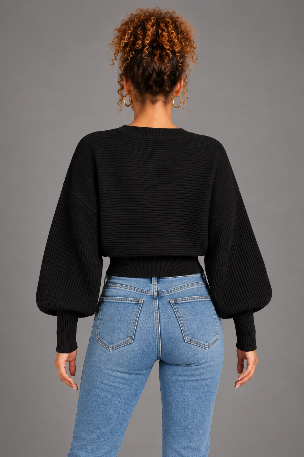 Elin - Black knit top on Lisa - back view