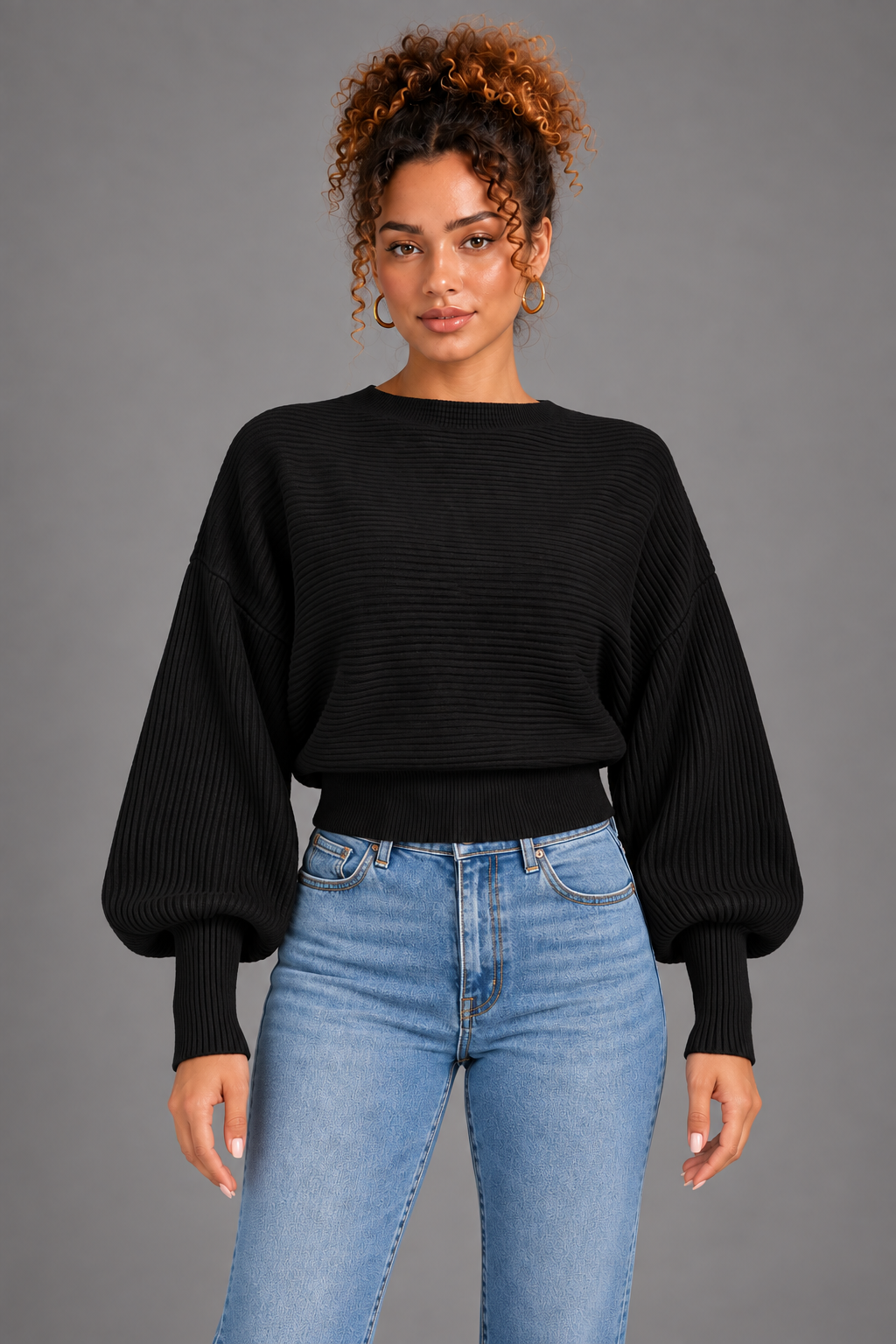 Elin - Black knit top on Lisa - front view