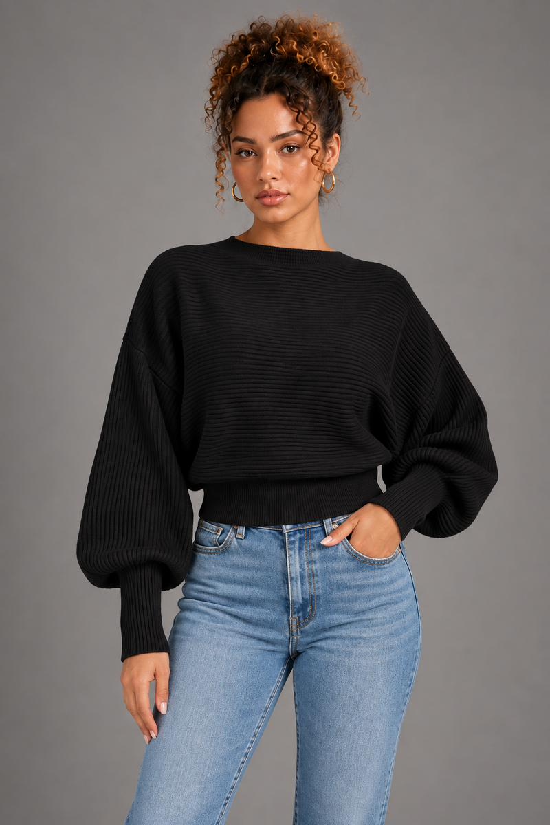 Elin - Black knit top on Lisa, front view