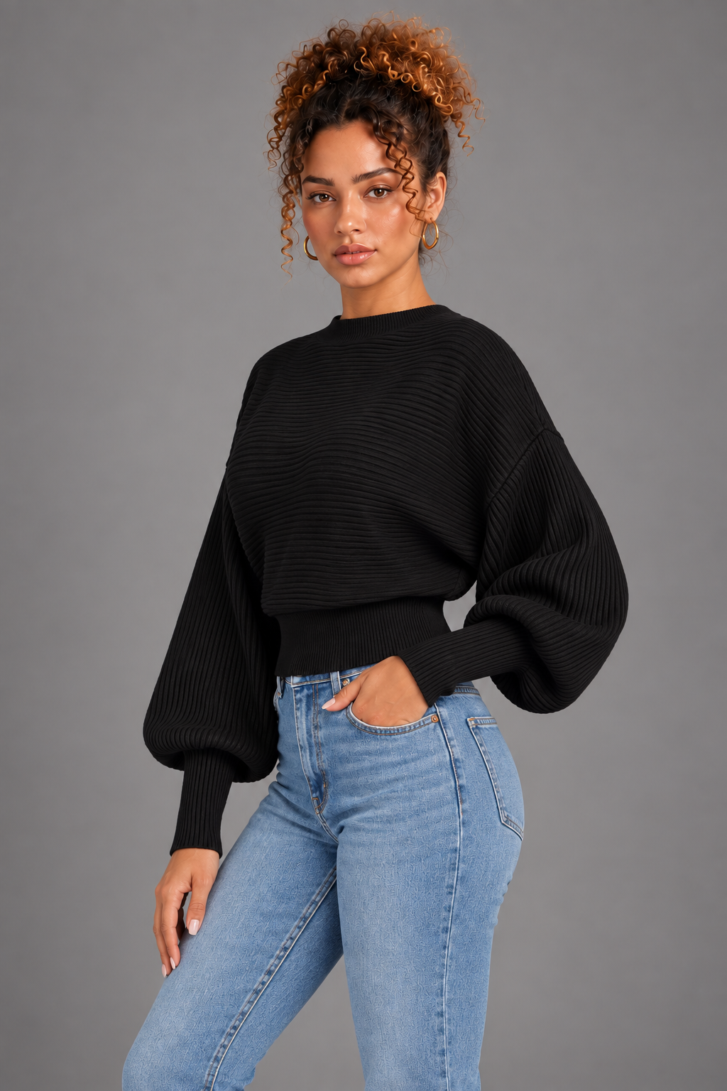 Elin - Black knit top on Lisa - side view
