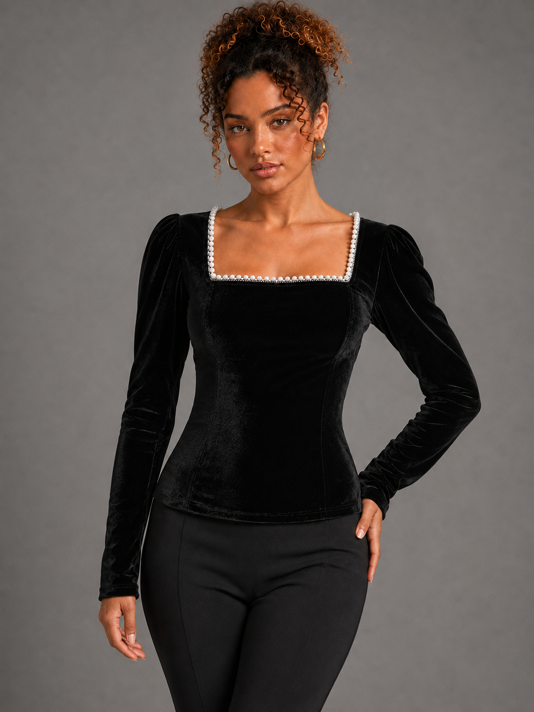 Lumiere Top black velvet on Lisa - alternate pose