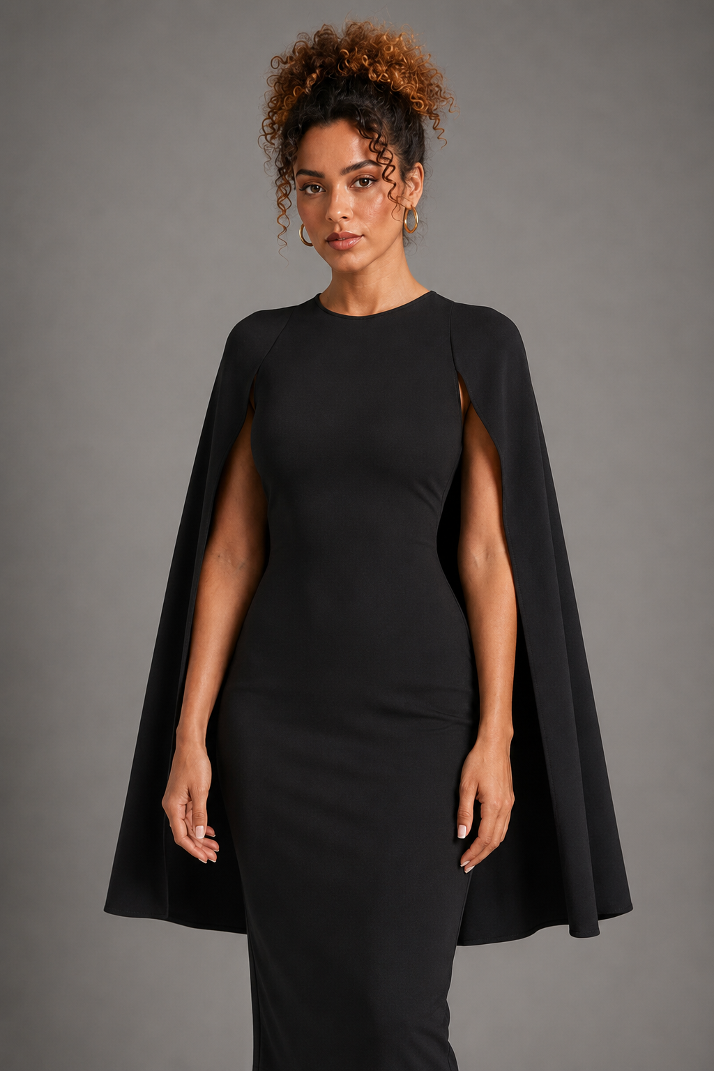 Vanguard black cape dress on Lisa - neckline and sleeve detail